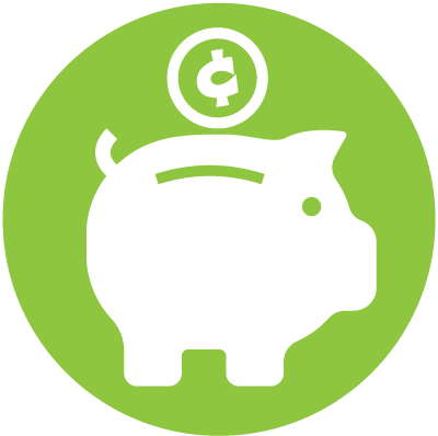 Green circle icon with piggy bank and coin in white to represent saving and planning for the future.