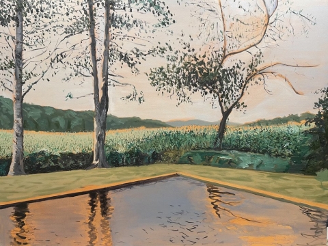 A painting featuring a pool of water with light reflecting off of it in the bottom third of the picture. There are three trees surrounded by greenery in the middle of the painting, and there is a sky behind the trees in the top portion.