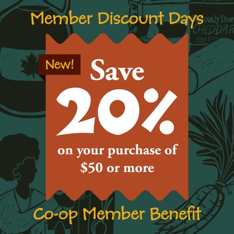 Gold text on a dark green background reads "Member Discount Days - Co-op Member Benefit." In the middle of the dark green background, there is a rust red receipt with "Save 20% on your purchase of $50 or more" printed on it in large white lettering.