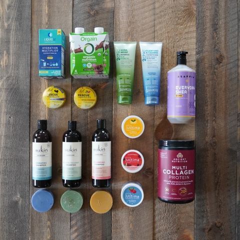 A flatlay of wellness products, including shampoo, conditioner, supplements and more that are on sale.