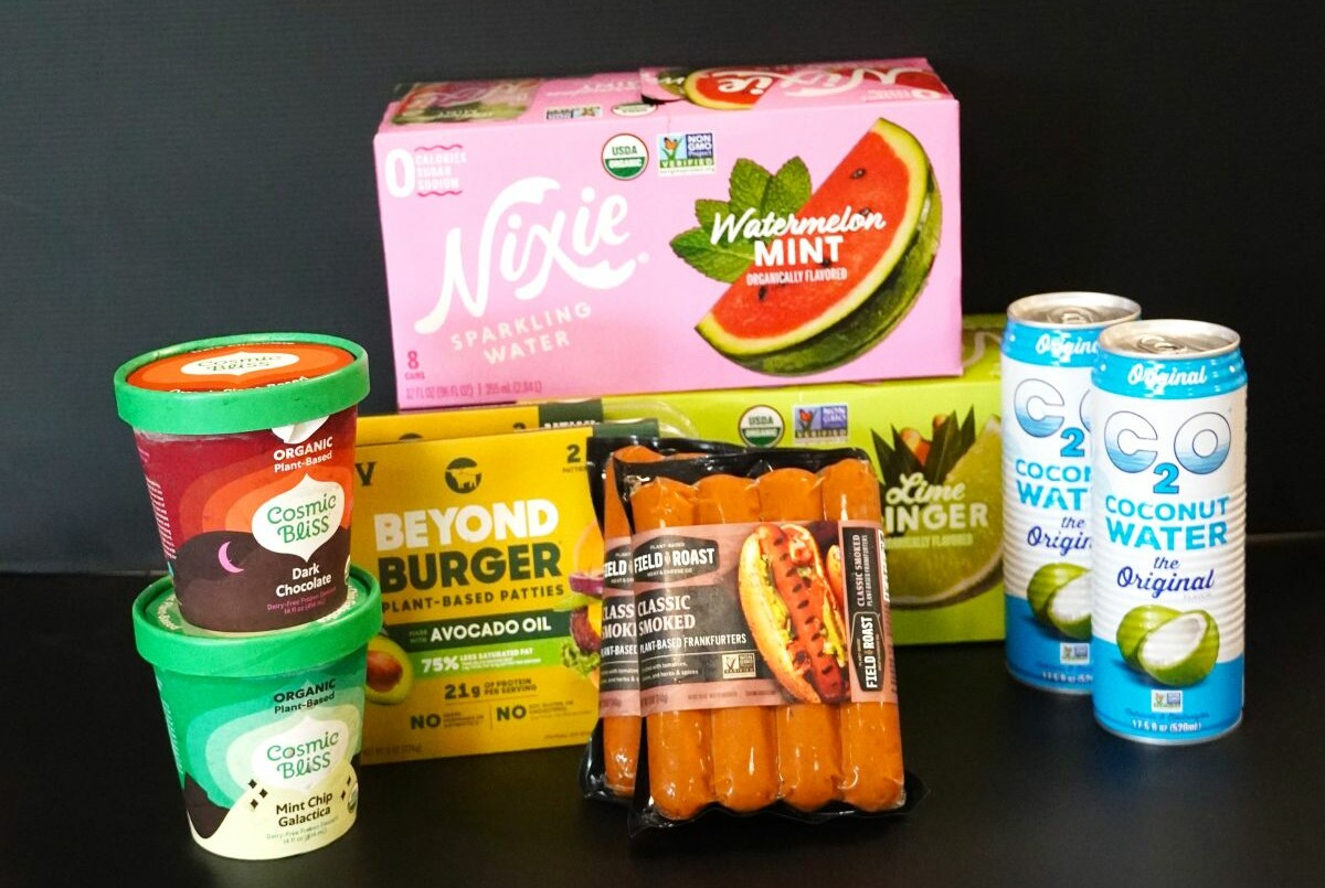 A variety of ice creams, burgers, hot dogs and seltzers on sale