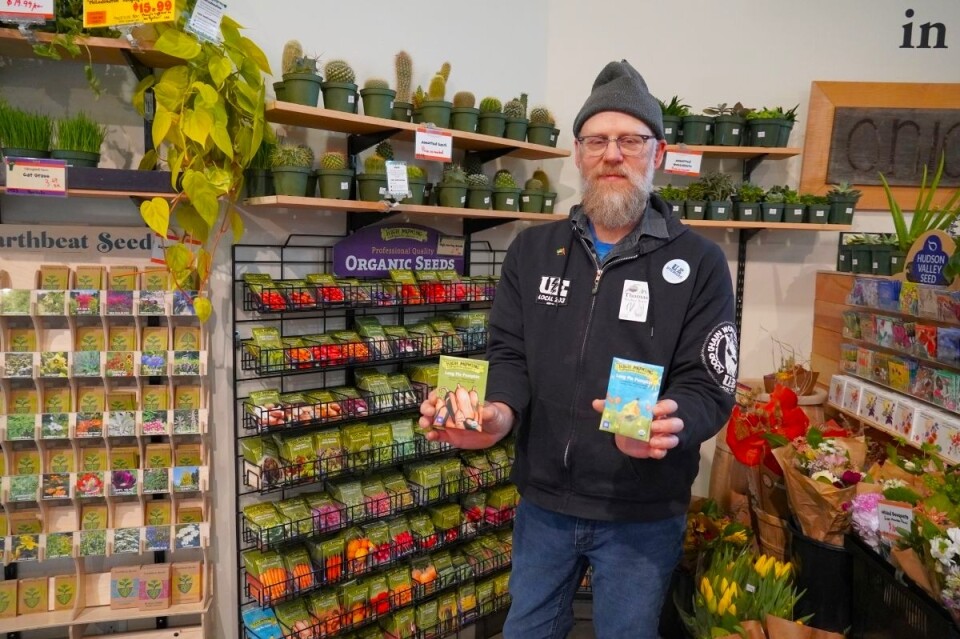 A man holds seed packets in a shop filled with plants and gardening supplies.