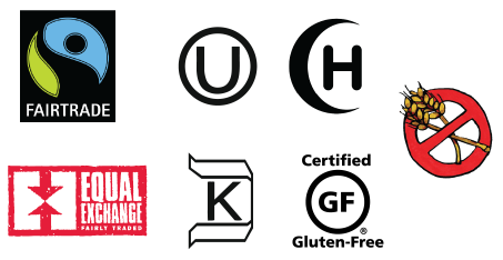 Logos of Fairtrade, Equal Exchange, and others promoting ethical trade.