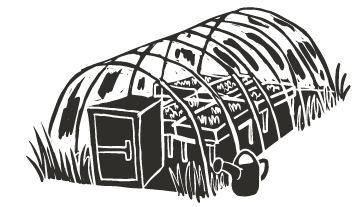 Illustration of a greenhouse with a watering can beside it.