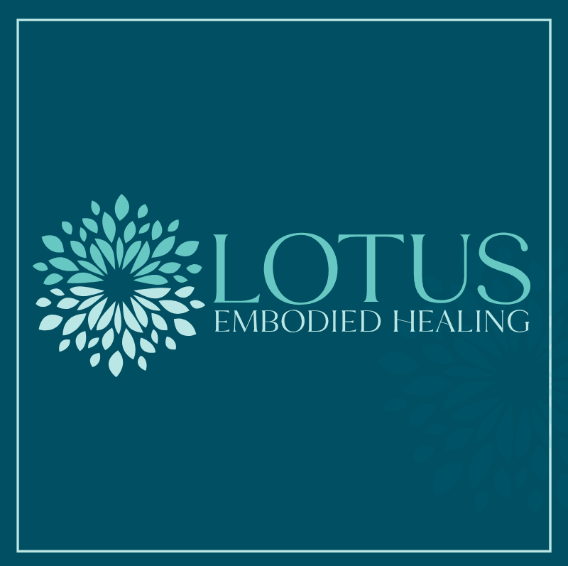 Logo for "Lotus Embodied Healing" featuring a lotus flower design on a teal background.