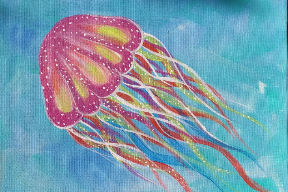 an acrylic painting of a multicolored jellyfish on a blue background
