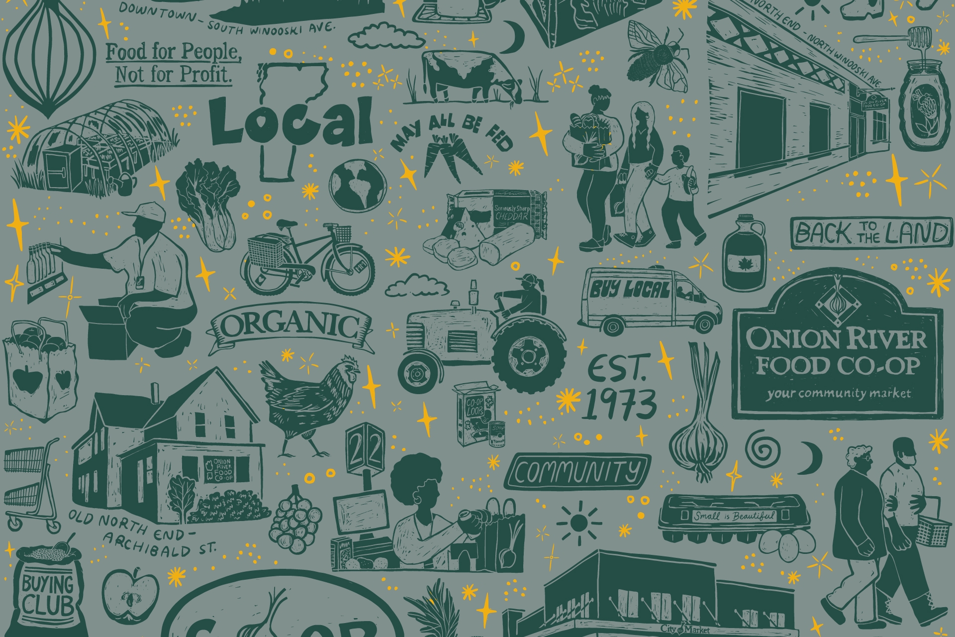 A light green background with dark green illustrations of the Co-op's history and community.