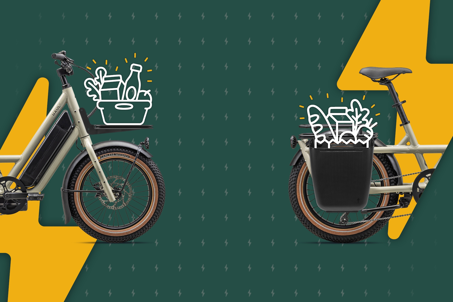 A photo of a light gray e-bike superimposed over a deep green background with a golden lightning bolt on it. The e-bike has panniers and a front rack. There are drawings of groceries done in white outlines in both baskets.