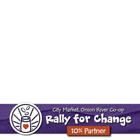 The Rally for Change logo with a white icon depicting a jar with a red heard on the front and three coins falling into it from above. The icon is in front of a mountainous purple watercolor. At the bottom are the words "A program of City Market, Onion River Co-op" and "10% Parner"