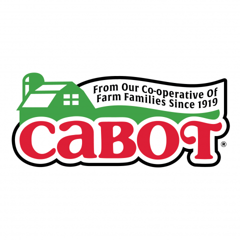 	The word "Cabot" is printed in large red curly letters. Above it, there's a green silhouette of a barn and a rolling field. Above the field, the words "from our co-operative of farm families since 1919" are printed in black lettering.