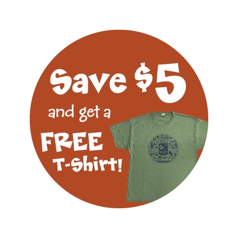 A rust red circle with white puffy lettering reading "Save 5$ and get a free tee shirt" on it. There is a photo of a green tee shirt with a circle of City Market illustrations on it in the bottom right of the circle.