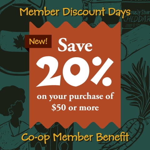 A jade square with dark green illustrations of foods serves as the background for the Member Discount Days logo. It consists of a rust red receipt with "Save 20% on your purchase of $50 or more" in white lettering.