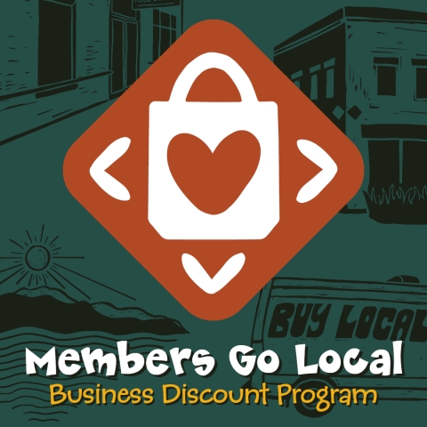 A teal square with dark green illustrations of old City Market storefronts forms the background to a logo for the Members Go Local program. The logo consists of a rust red diamond with rounded points with a white icon of a shopping bag with a heart cut out of it.