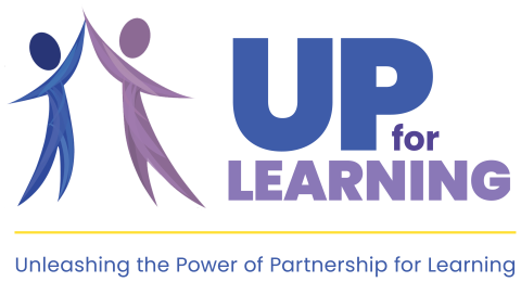 The logo for UP for Learning consists of two abstract depictions of people, one blue and one purple, high fiving next to the words "UP for Learning." Below the people and the words, there is a thin yellow horizontal line. Below the line, the words "Unleashing the power of partnership for learning" are printed in blue letters.