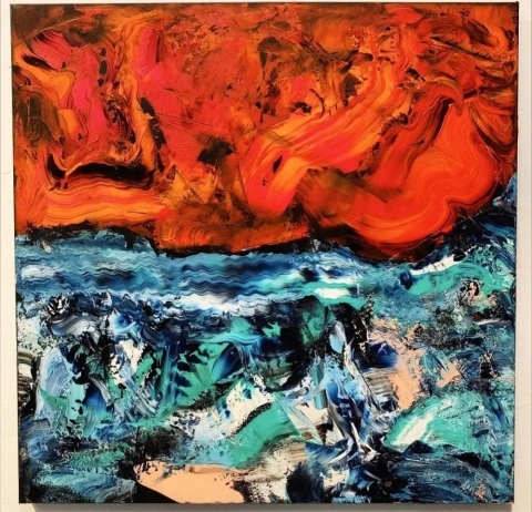 An abstract painting of a horizon. The top half is orange-red with some black mixed in, and the bottom half is blue, teal, black, and a little peach color. 