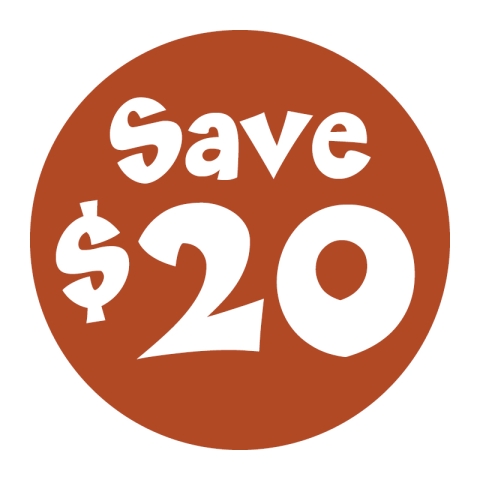 The words "Save $20" are printed in white puffy font inside a rust red circle.