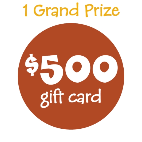 The words "1 grand prize" are printed in yellow above a rust red circle. Inside the circle, the words "500 dollar gift card" are printed in white puffy font.