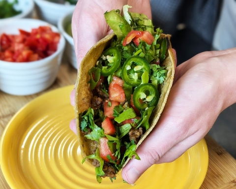 Two hands cradle a soft-shell taco. It is topped with bright green jalapenos, darker green cilantro, and bright red tomato.