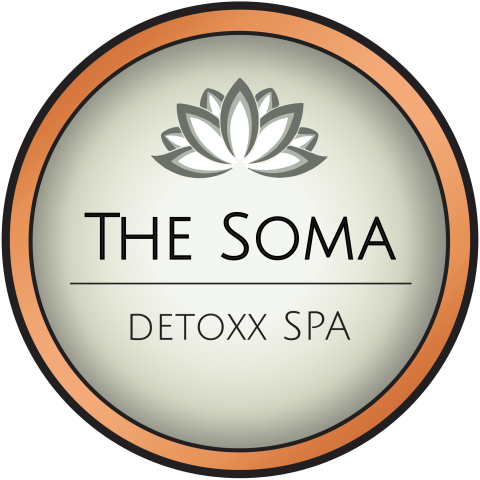 A circular logo with an orange border. Within the circle is a lotus-like plant, and below that says THE SOMA. A line divides the circle and below the line it says DETOXX SPA