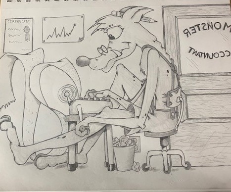 A dog like figure with glasses on sitting at a typewriter in an office setting. There are two pieces of paper on the wall and a door.