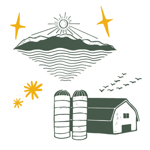 Two dark green illustrations. The one on the top shows a sun over a mountain range. Wavy lines below the mountains suggest a lake. Big yellow stars sit on either side of the sun. The one on the bottom shows a barn. Two large grain silos sit to the left of the barn. Above the barn flies a v-shape formation of birds. To the left of the silos there are two bright yellow stars.