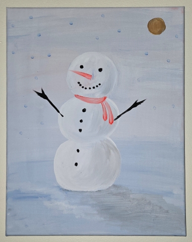 a painting of a snowman with a small golden sun