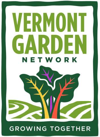 A logo for the Vermont Garden Network. There is a dark green border, and at the bottom of the image are the words "growing together" in white overlaying the green. At the top are the words Vermont Garden in light green and network in dark green. In the center of the image is a rainbow chard with light green behind it to represent a garden