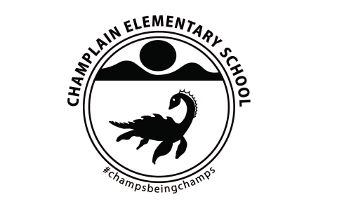 A circle with "Champlain Elementary School" at the top and "#champsbeingchamps" at the bottom. Within the circle is are two black mountain peaks and a black sun in the top half, and a white background with Champ the lake monster in black on the bottom half.