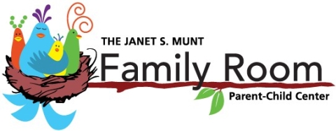 A nest with four colorful birds next to the words "The Janet S. Munt Family Room Parent-Child Center". The organization's name is underlined by a brown tree branch with two green leaves.