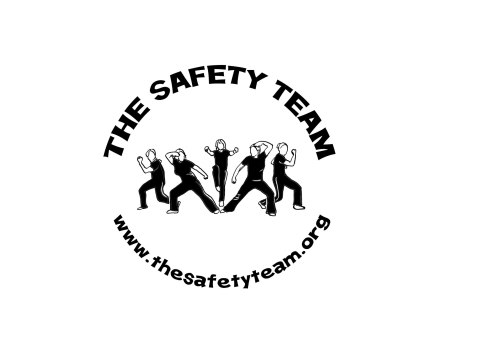 5 People Stand doing martial arts. In an arc above them it says "the safety team." Below them it says "www.thesafetyteam.org"