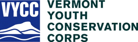 A blue square on the left with white letters "VYCC" above abstract mountains. To the right are the words "Vermont Youth Conservation Corps" in dark green text over a white background.