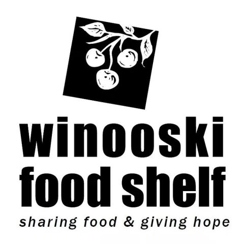 At the top, a tilted black square with an apple tree branch in white. Below that, in black bold, is "winooski food shelf". Below that are the words "sharing food & giving hope"